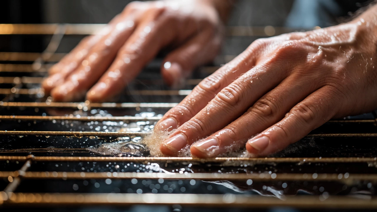 Close-up of hands scrubbing grease off an oven rack during a deep clean session.