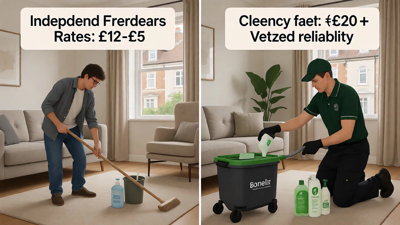 Comparison of an independent freelancer and a uniformed agency cleaner working in a home.