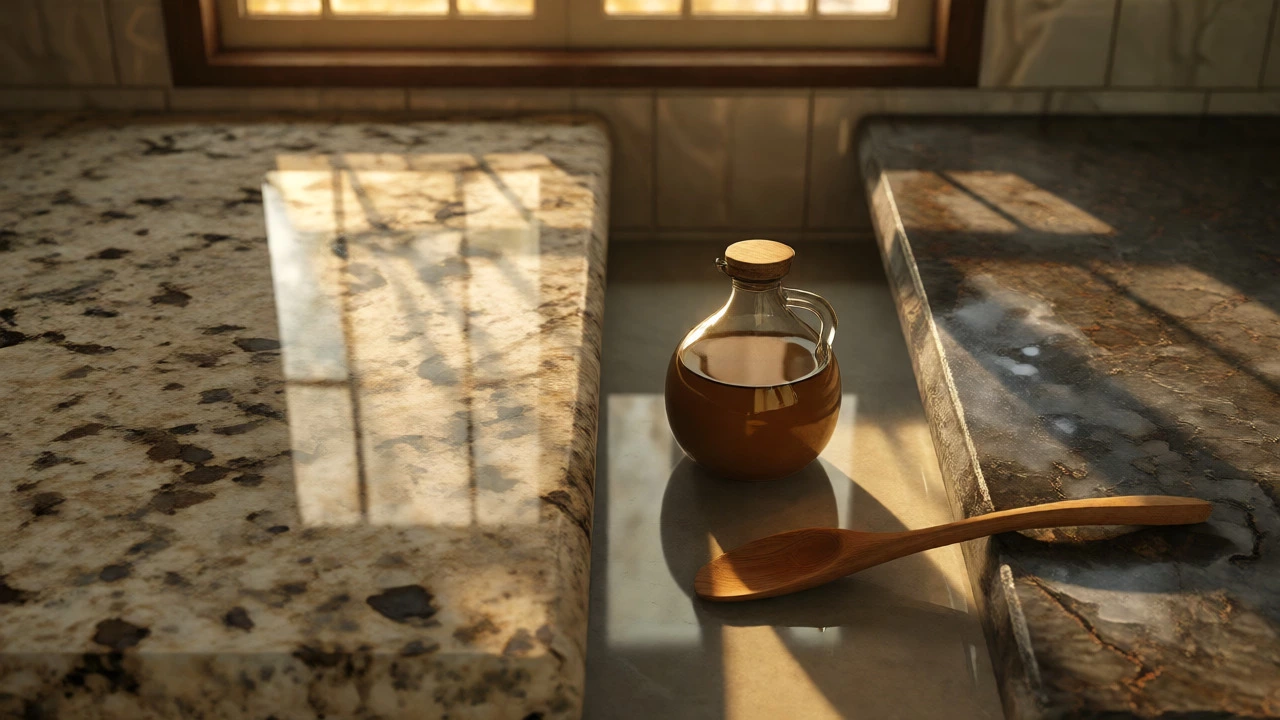 Comparison showing etching damage on a granite countertop caused by improper vinegar use.