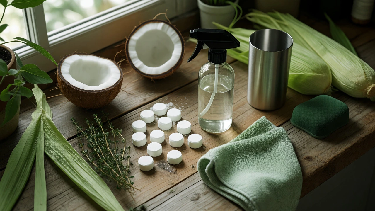 Eco cleaning supplies and natural ingredients on counter