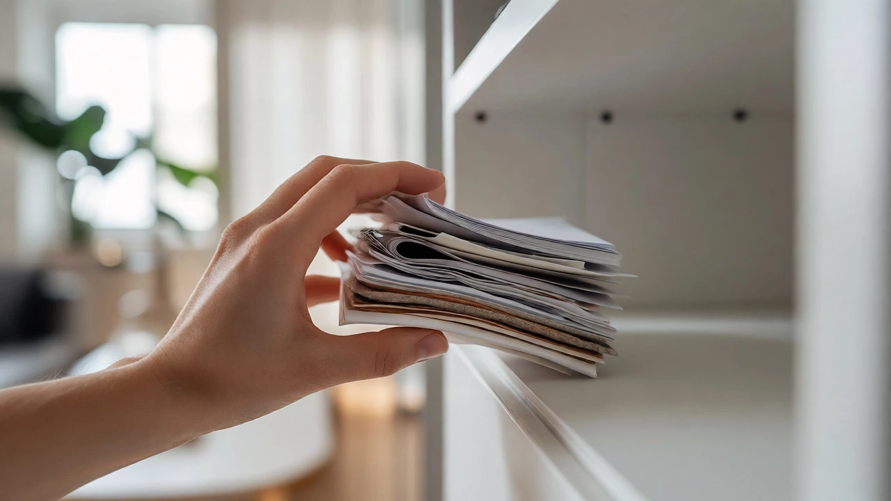 Hand removing clutter from a shelf to reveal minimalist empty space.