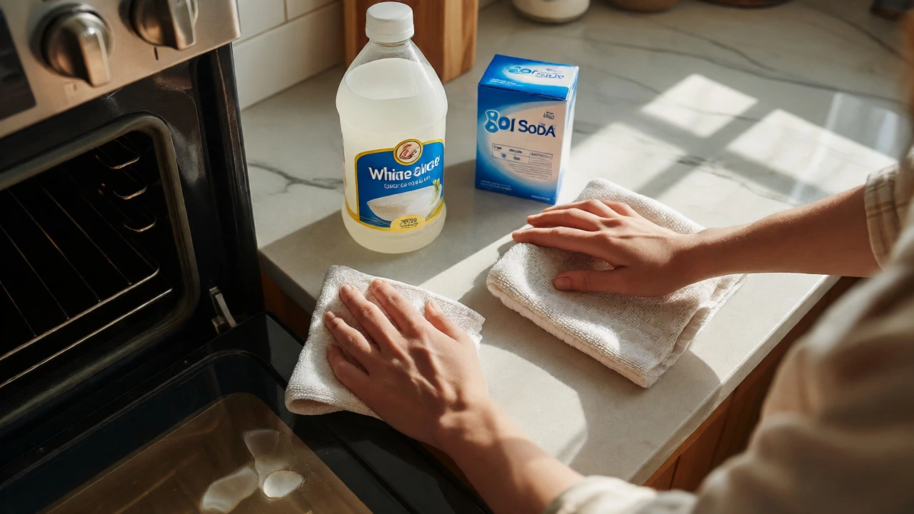 Hands cleaning a kitchen counter with vinegar and baking soda.