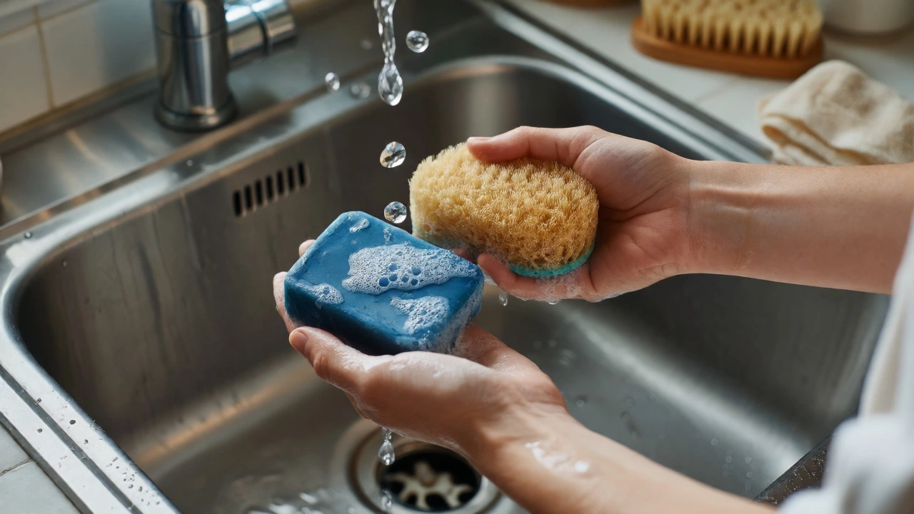 Hands washing dishes with a solid zero-waste soap bar and natural sponge