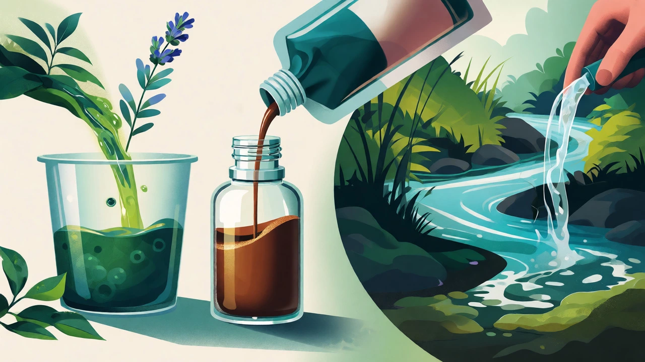 Illustration showing plant ingredients turning into refillable cleaner and clean river water