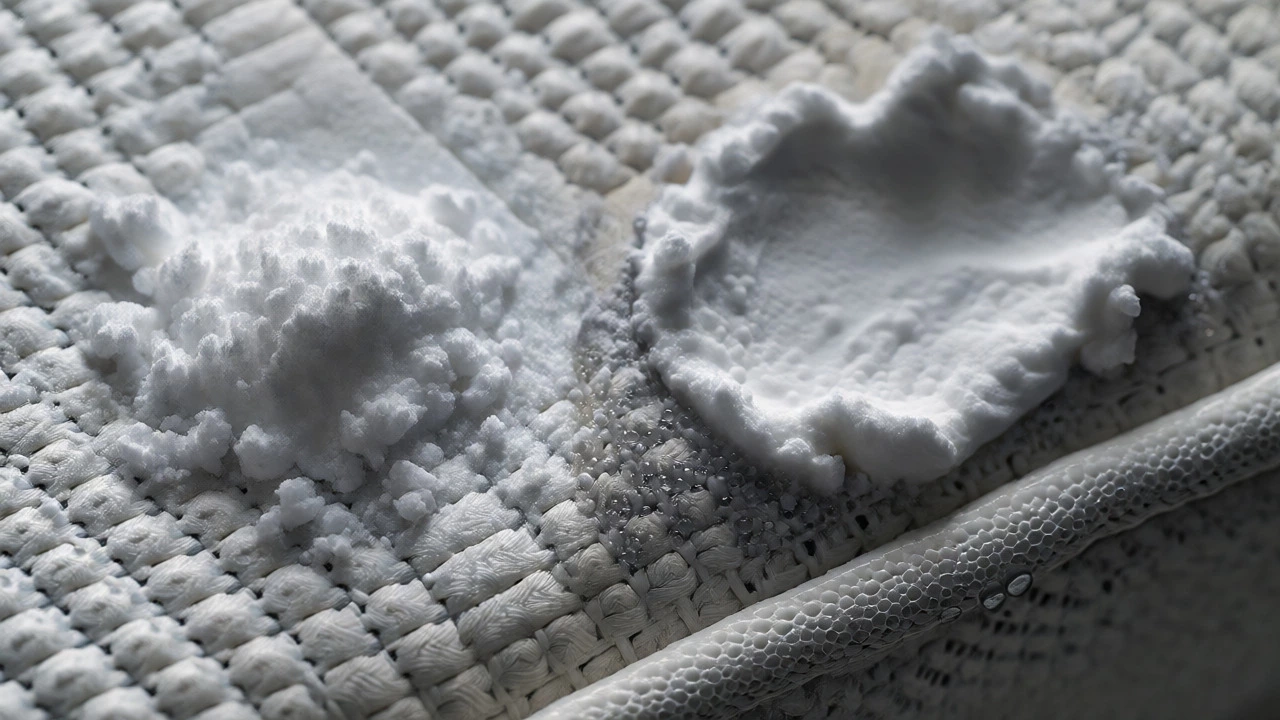 Macro shot comparing dry loose baking soda against damp, clumped paste on mattress fabric.