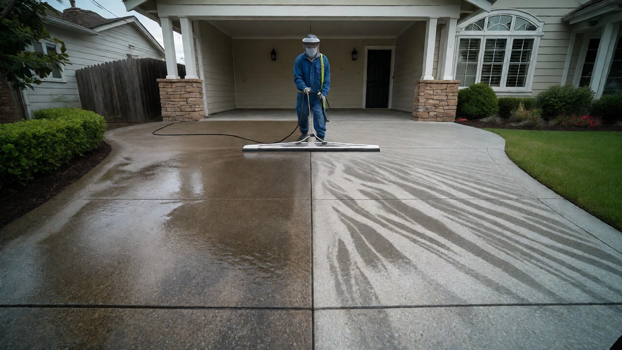 Safe cleaning of concrete driveway with proper gear