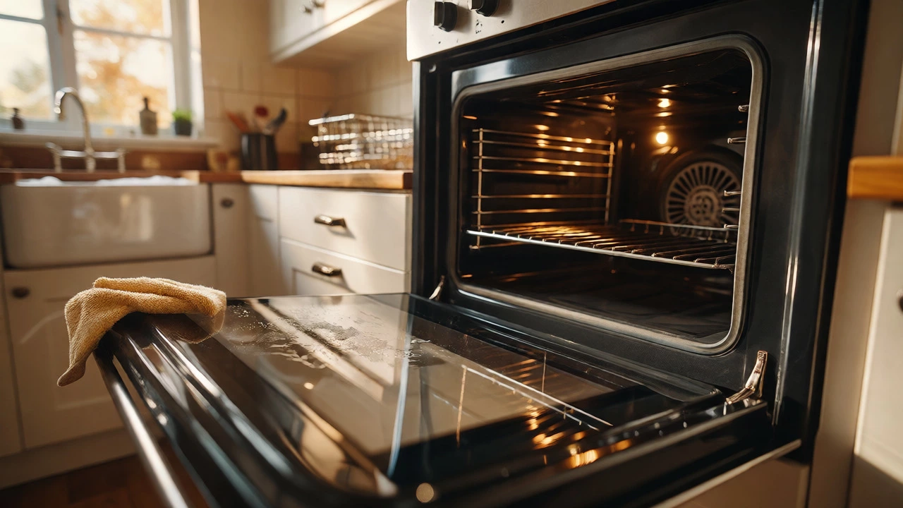 Sparkling clean oven interior with a microfiber cloth nearby