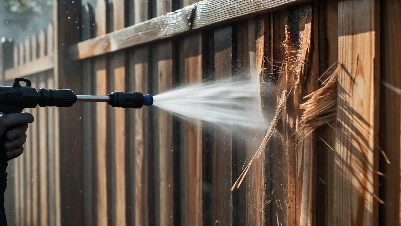 Splintered wood fence damaged by high pressure