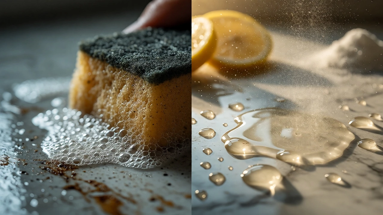Split view showing harsh scrubbing versus gentle natural cleaning on surfaces