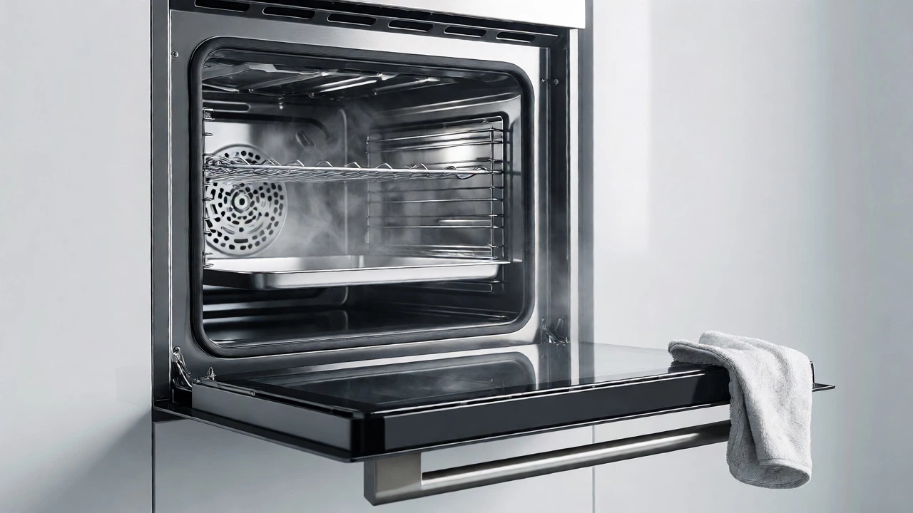 Spotless stainless steel oven interior with steam rising after deep cleaning