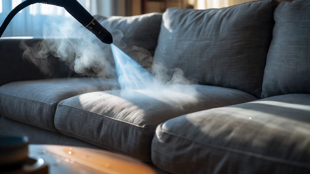 Steam cleaner nozzle releasing vapor over a grey fabric sofa for deep sanitization.