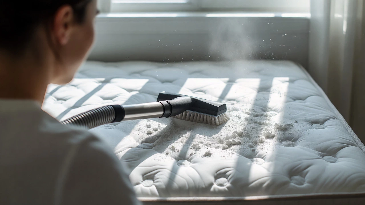 Vacuum cleaner with brush attachment removing dried baking soda residue from a mattress.