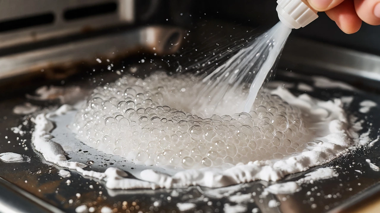 Vinegar spray causing a fizzing reaction on baking soda paste